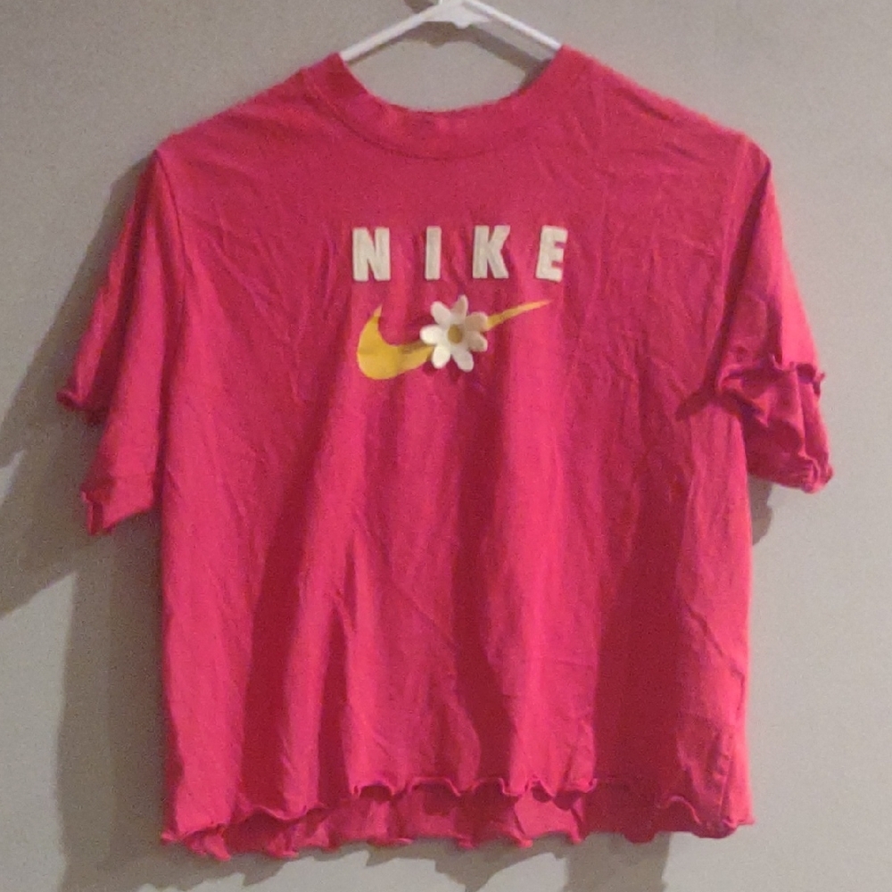 Nike Pink Short Sleeve Tee with Yellow Swoosh and Daisy